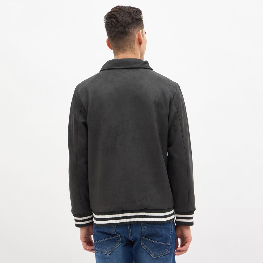 Men's Dark Charcoal Black Classic Varsity Jacket, गहरा हरा, large image number null