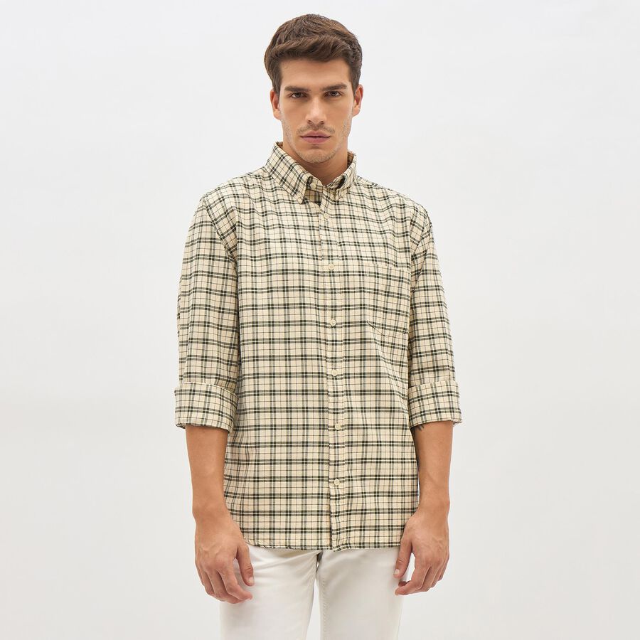 Men's Muted Beige Cotton Button Down Slim Fit Shirt, गहरा पीला, large image number null