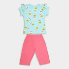 Girls' Bright Aqua Blue Cotton Round Neck Floral Top and Capri Set, Aqua, small image number null
