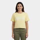 Women's Yellow Cotton Round Neck Casual T-Shirt, पीला, small