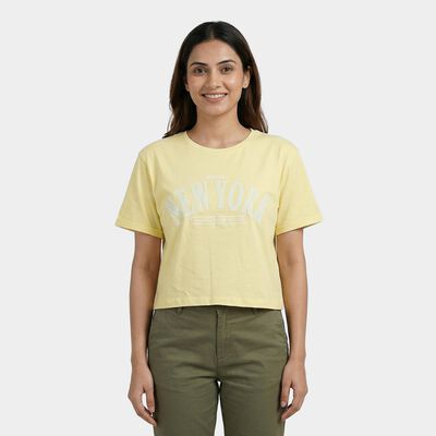 Women's Yellow Cotton Round Neck Casual T-Shirt
