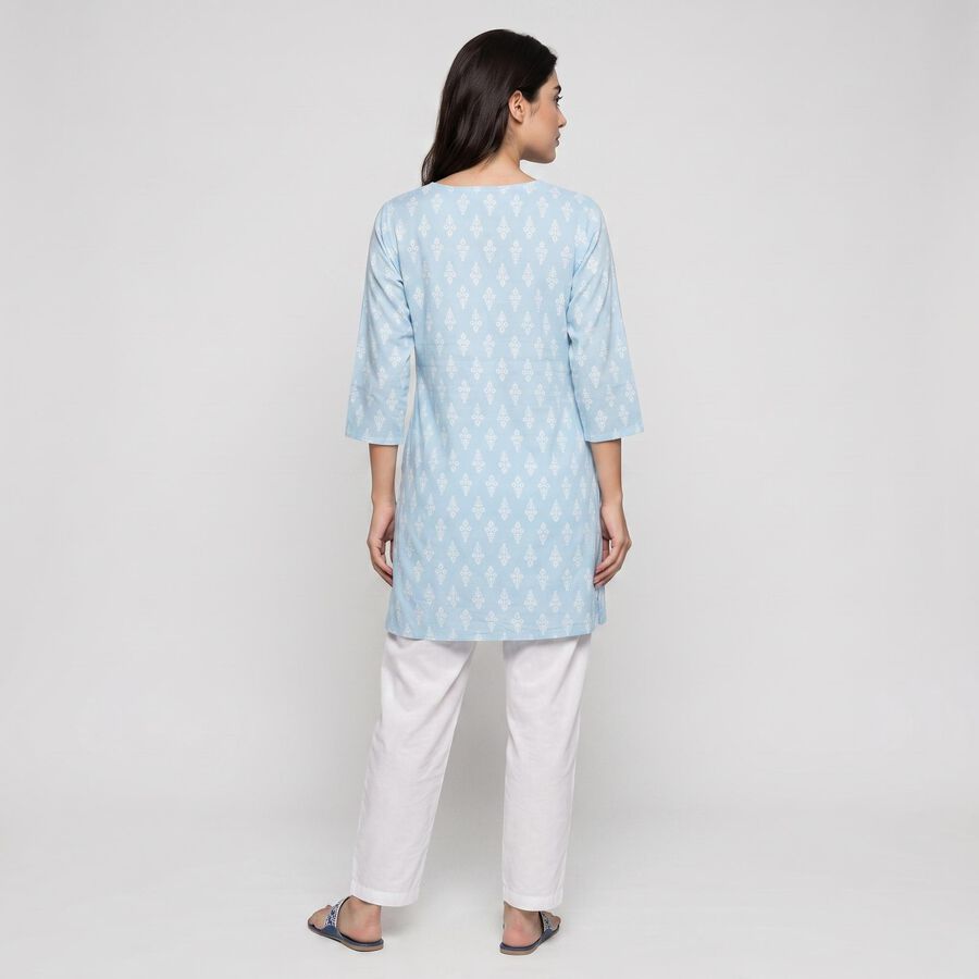 Women's Light Blue Round Neck Printed Kurta, हल्का नीला, large