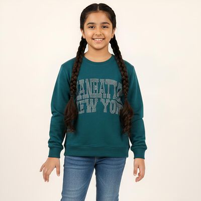 Girls Teal Green Crew Neck Casual Sweatshirt