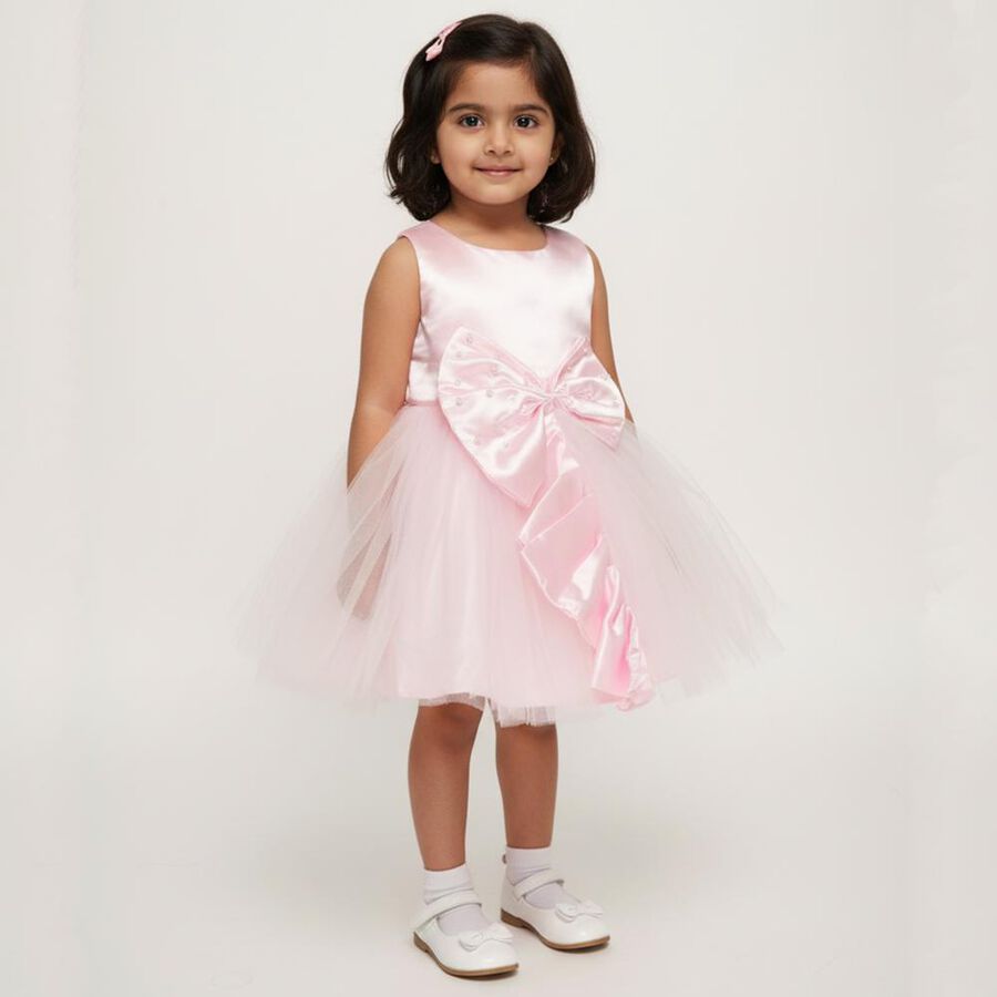 Girls' Light Pink Sleeveless Bow Party Frock, हल्का गुलाबी, large image number null