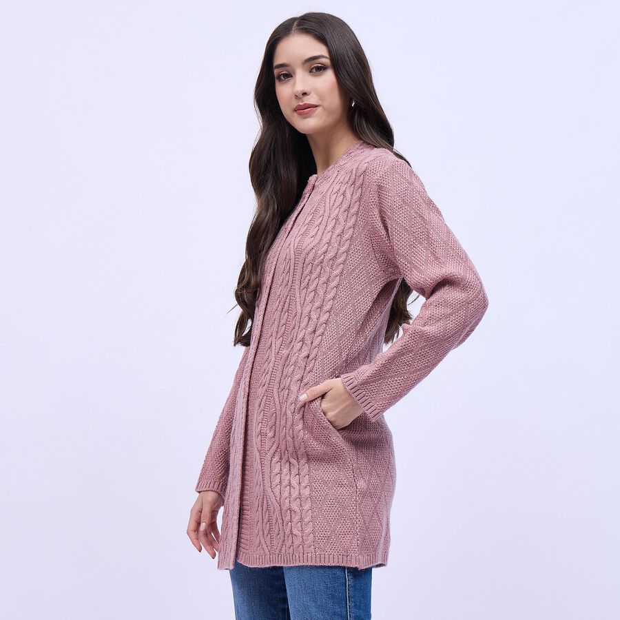 Women's Dusty Rose Round Neck Casual Cardigan, Pink, large image number null