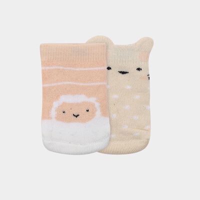 Infants Peach and Beige Regular Fit Cartoon Design Pack of 2 Socks