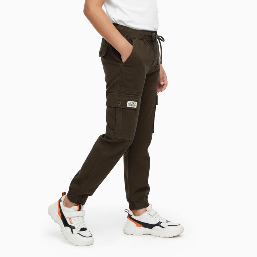 Boys' Dark Olive Green Cargo Fit Elastic Waist Trousers, ओलिव, large image number null