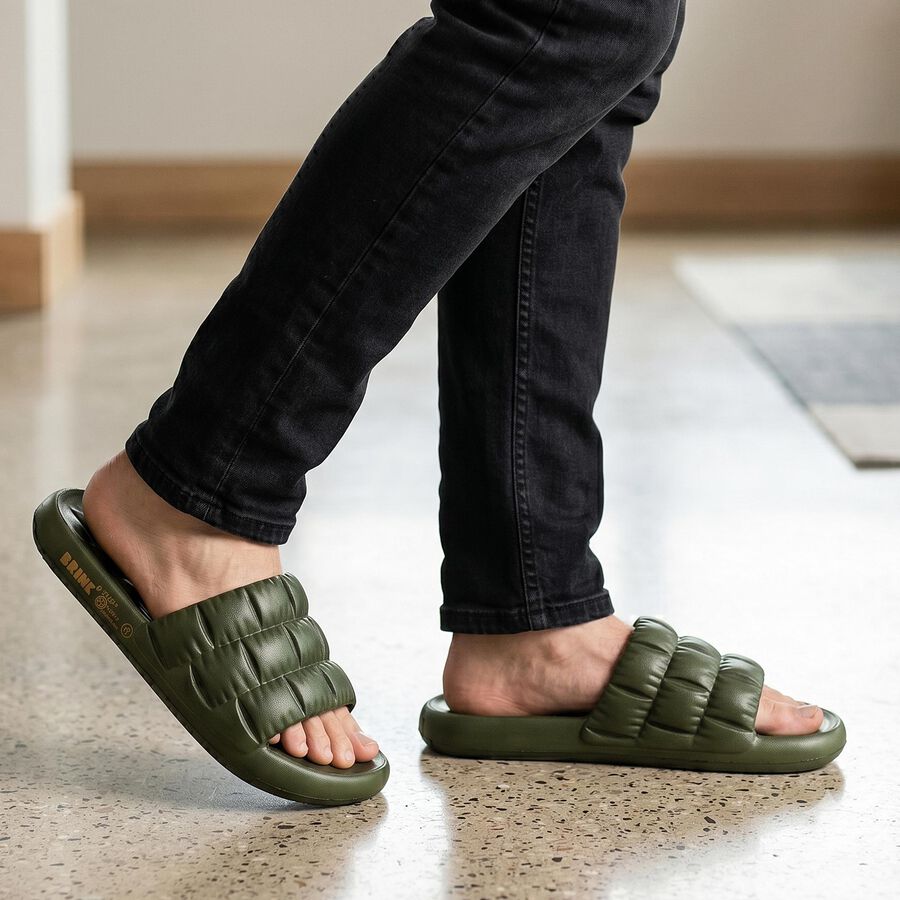 Men Olive Green Slip-On Sliders, ओलिव, large