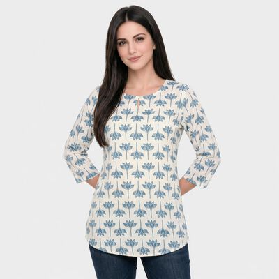 Women's Light Blue Round Neck Printed Kurti