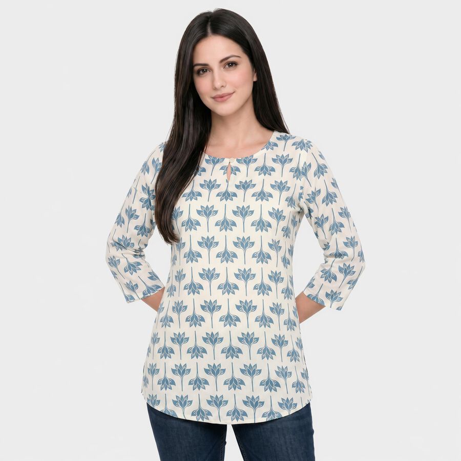 Women's Light Blue Round Neck Printed Kurti, Light Blue, large