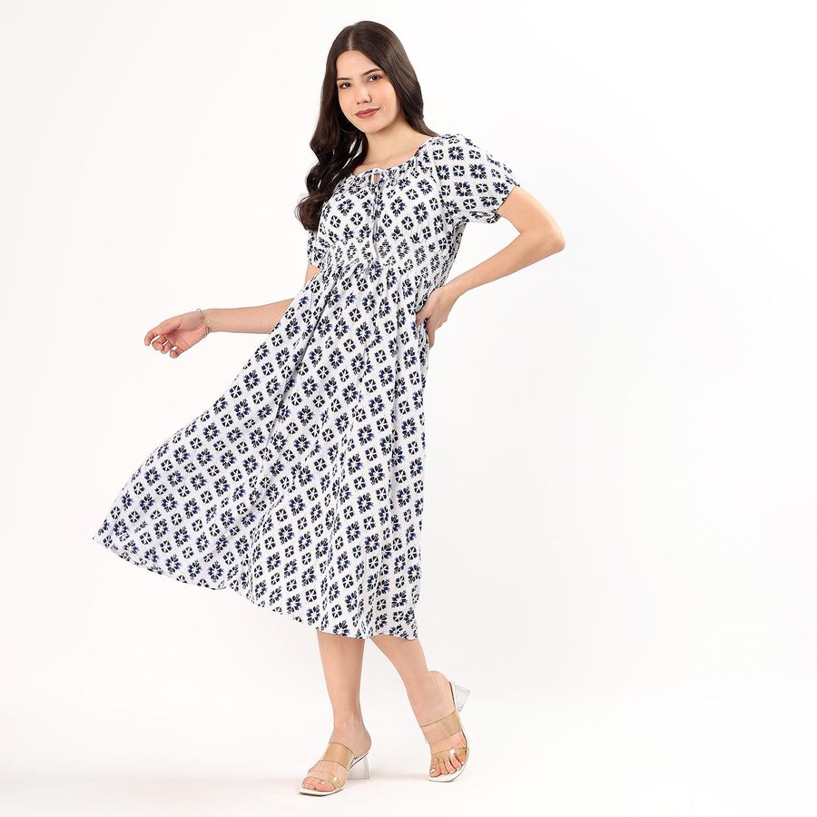 Women's White and Blue Tie Neck Bohemian Midi Dress, Navy Blue, large