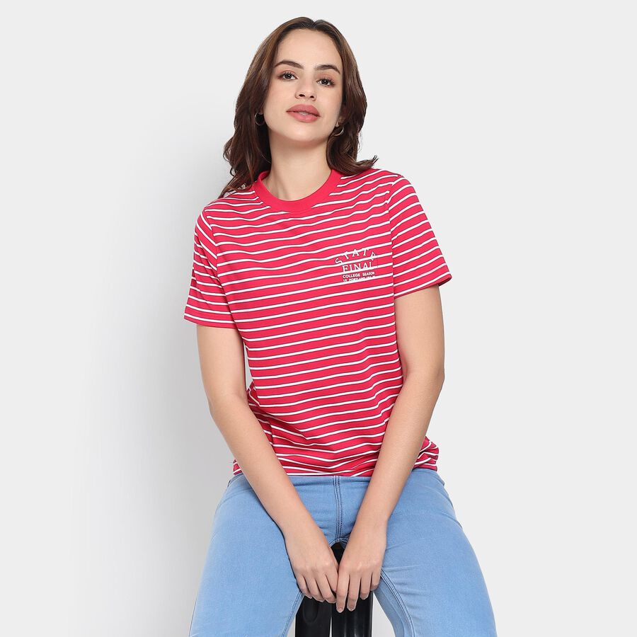 Ladies'  Stripes Round Neck T-Shirt, रानी (फ्यूशिया), large image number null