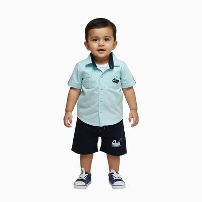 Infants' Light Blue Cotton Collared Embroidered Baba Suit