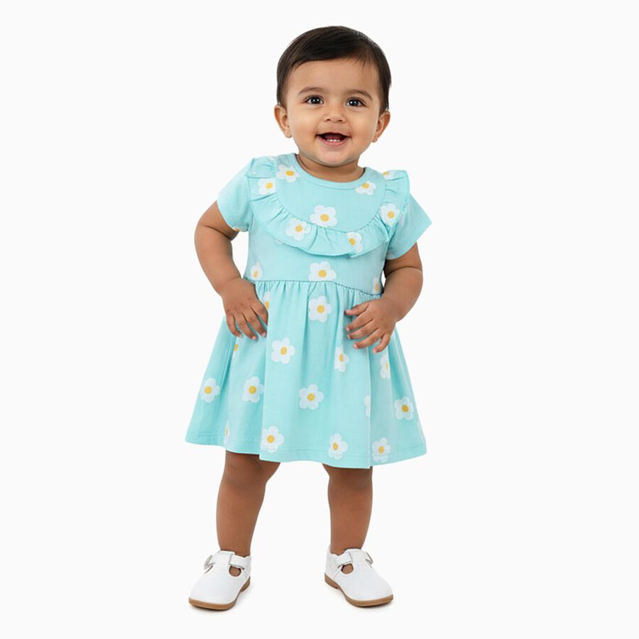Infants' Aqua Blue Floral Print Ruffled Frock, Aqua, large image number null