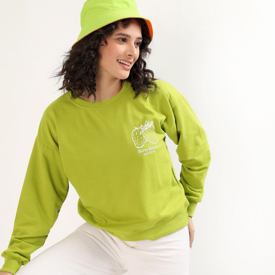 Women's Bright Lime Green Crew Neck Casual Sweatshirt, हल्का हरा, large image number null