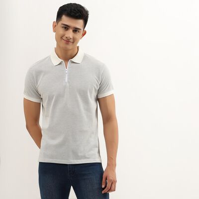 Men's White Polo Neck Textured T-Shirt