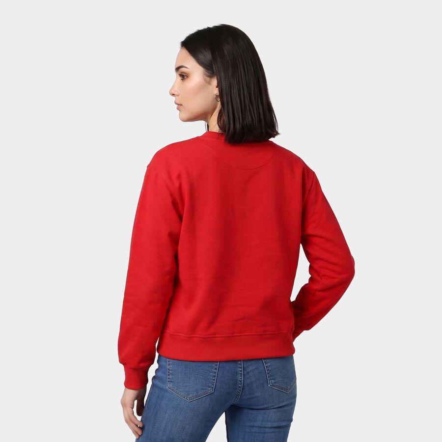Women Red Crew Neck Pullover Sweatshirt, लाल, large