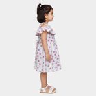 Girls' White Floral Printed Ruffle Neck Cotton Frock, ऑफ व्हाइट, small