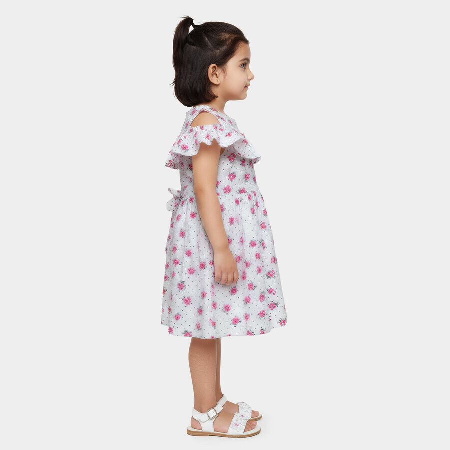 Girls' White Floral Printed Ruffle Neck Cotton Frock, ऑफ व्हाइट, large
