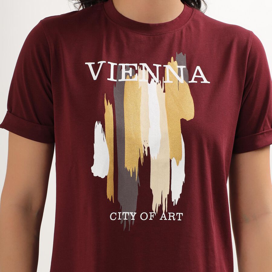 Women's Deep Maroon Round Neck Printed T-Shirt, वाइन, large image number null