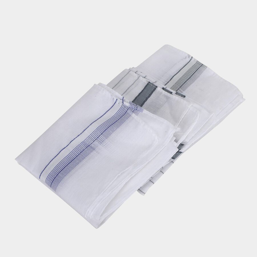 Men's White Striped and Checked Pack of 3 Handkerchief, हल्का ग्रे, large