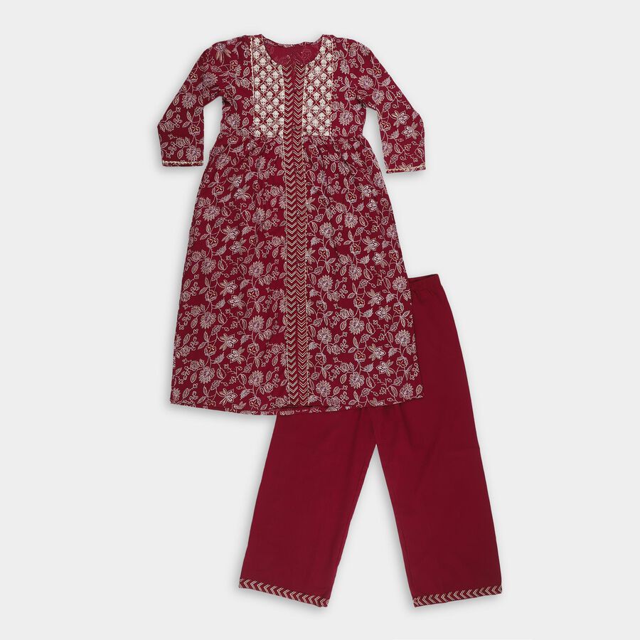 Girls' Deep Maroon Cotton Embroidered Kurta and Trouser Fusion Set with Dupatta, Wine, large image number null