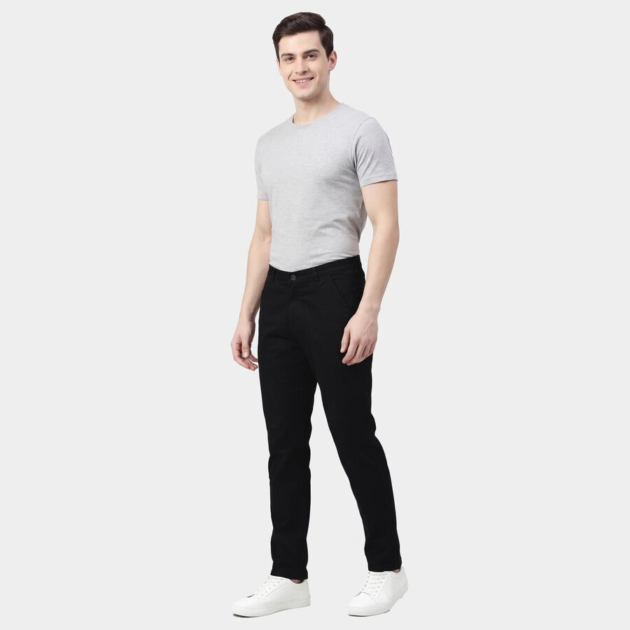 Men's Black Slim Fit Flat-Front Casual Trousers, काला, large