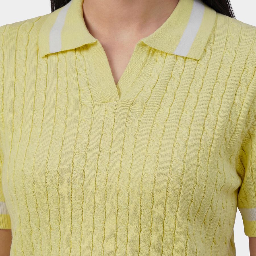 Women's Yellow Cotton Round Neck Casual Top, Yellow, large