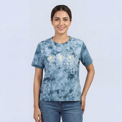 Women's Blue Cotton Round Neck Casual T-Shirt