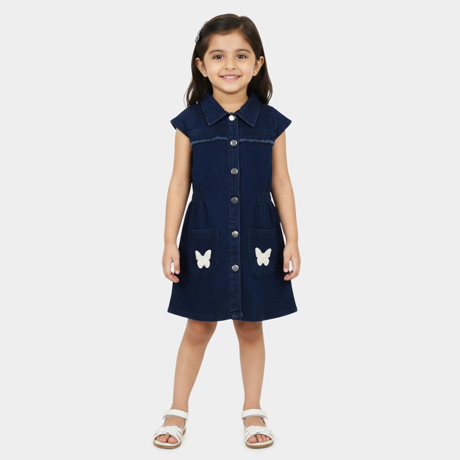 Girls' Navy Blue A-Line Butterfly Applique Button-Front Frock, Dark Blue, large