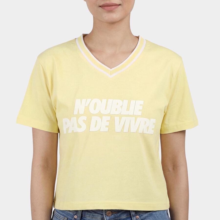 Women's Yellow Cotton Round Neck Casual T-Shirt, पीला, large