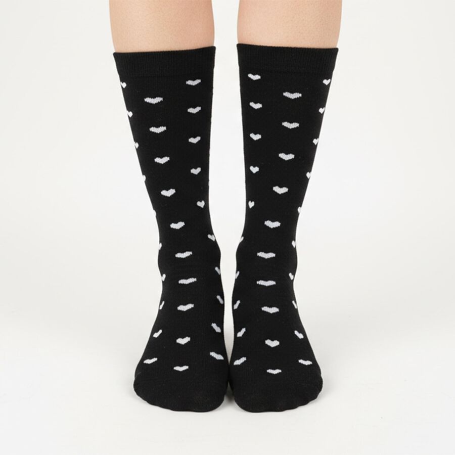 Women's Jet Black Regular Fit Heart Pattern Full-Length Socks, काला, large