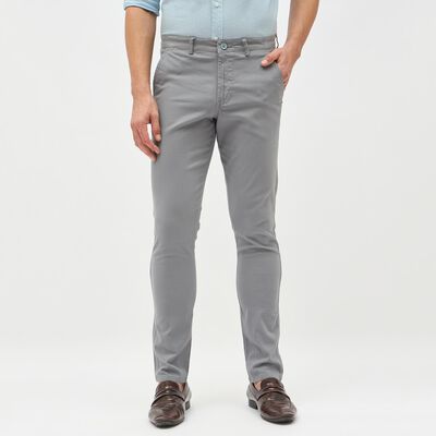 Men's Light Steel Grey Slim Fit Flat-Front Casual Trousers