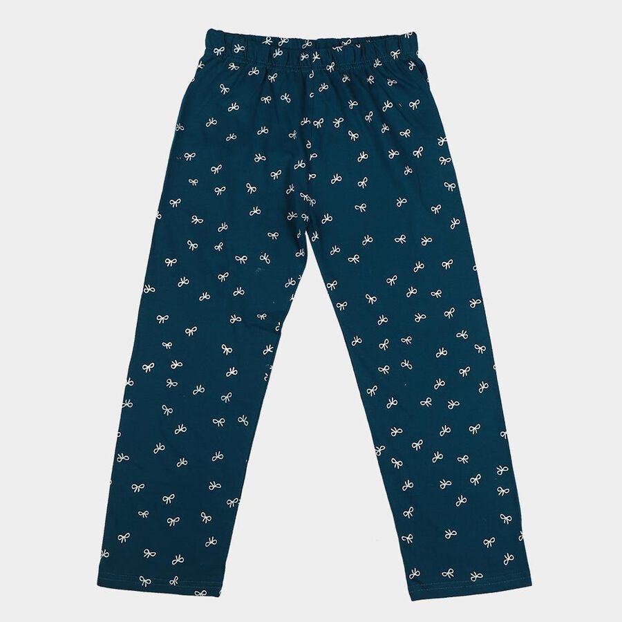 Girls' Teal Straight Fit Bow Printed Pyjama, Teal Blue, large
