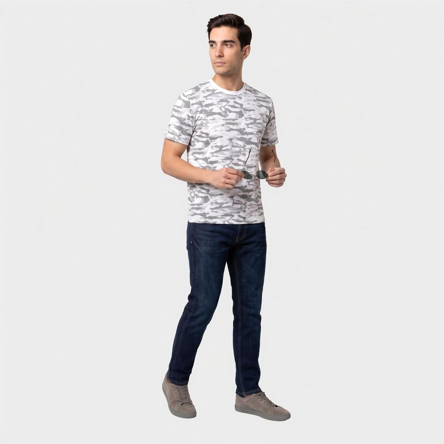 Men's White Cotton Round Neck Abstract Regular T-Shirt, सफ़ेद, large