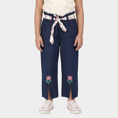 Girls' Navy Blue Straight Fit Embroidered Jeans