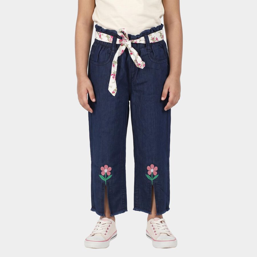 Girls' Navy Blue Straight Fit Embroidered Jeans, गहरा नीला, large