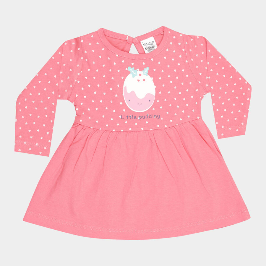 Infants Cotton Round Neck Frock, Pink, large image number null