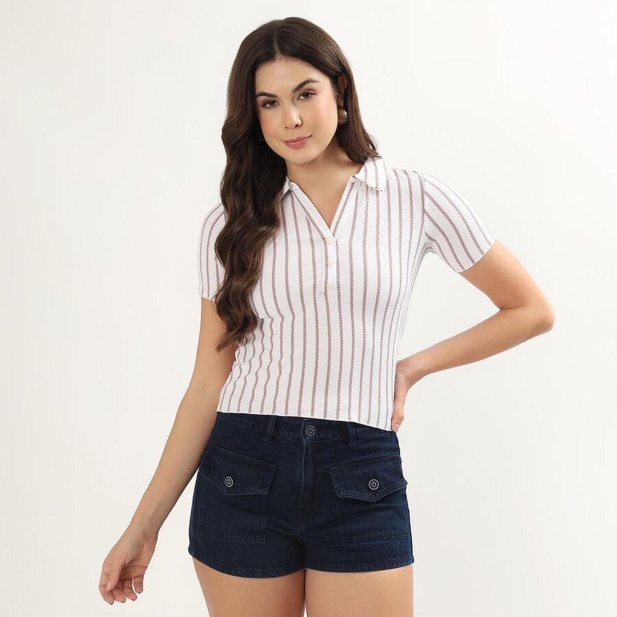 Women's Off-White Polo Collar Casual T-Shirt, ऑफ व्हाइट, large