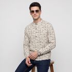 Men's Beige Cotton Mandarin Collar Printed Kurta, गहरा पीला, small