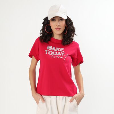 Women's Bright Fuchsia Cotton Round Neck Casual T-Shirt