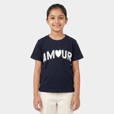 Girls Navy Blue Round Neck Regular T-Shirt