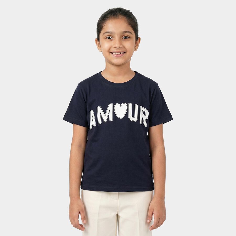 Girls Navy Blue Round Neck Regular T-Shirt, नेवी ब्लू, large