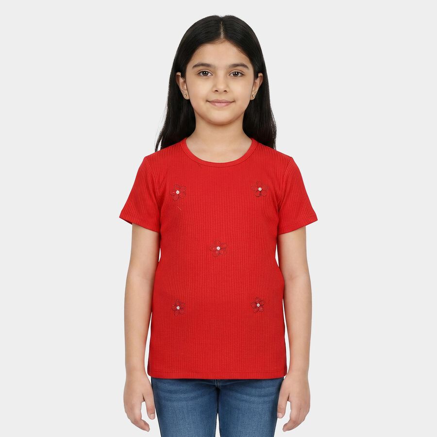 Girls' Red Round Neck Regular T-Shirt, लाल, large