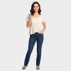 Women's Cream Geometric V Neck Regular Fit Shirt, ऑफ व्हाइट, small