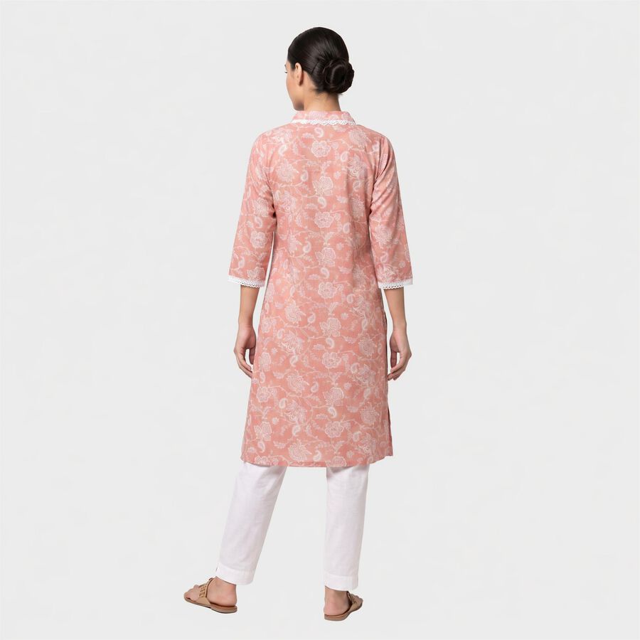 Women's Pink V-Neck Lace Trim Printed Kurta, गुलाबी, large