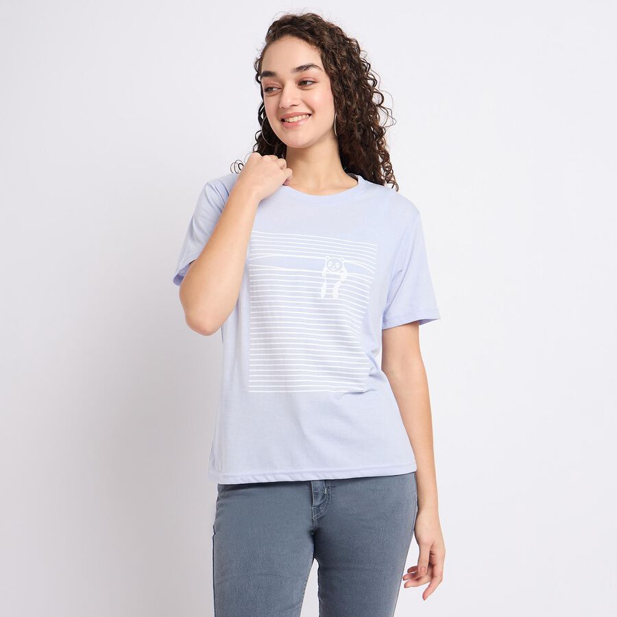 Ladies'  Stripes Round Neck T-Shirt, Light Blue, large image number null
