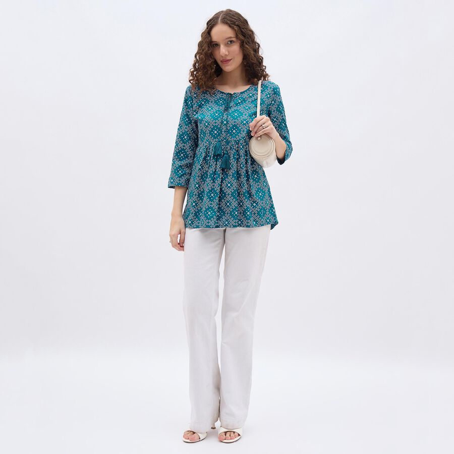 Ladies' Bright Peacock Blue Round Neck Printed Kurti, Teal Blue, large image number null