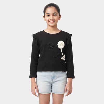 Girls Black Round Neck Regular Top