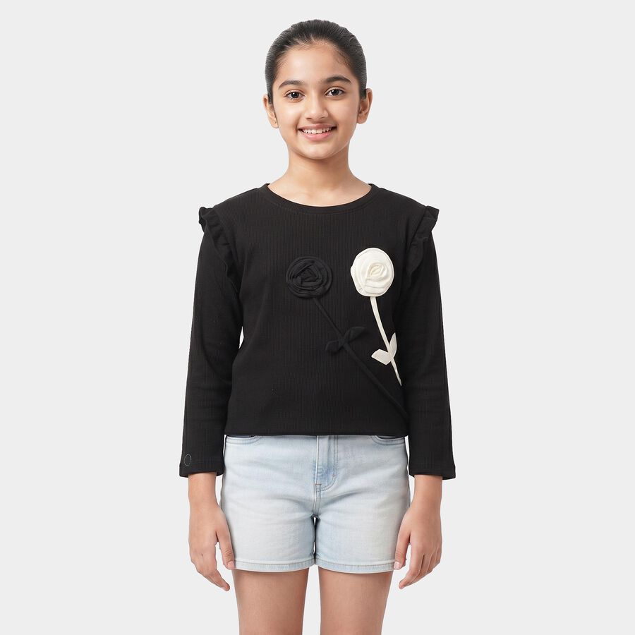 Girls Black Round Neck Regular Top, काला, large
